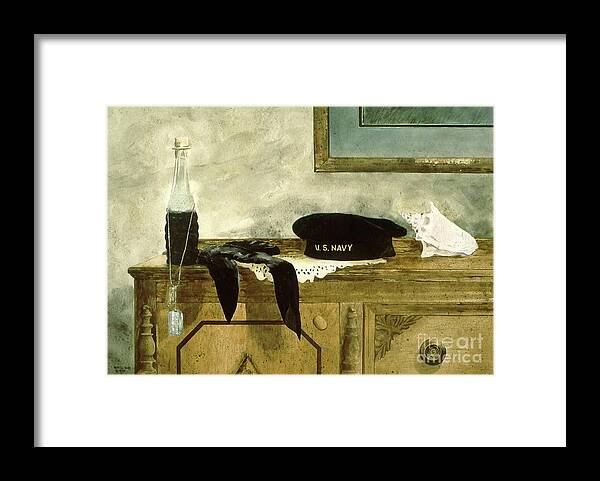 A Us Navy Flat Hat Sets On An Antique Buffet With A Sconce Shell Beside It. The Sailors Scarf On A Doily Is Beside A Bottle Of Homemade Wine With His Dog Tags Draped Over The Bottle. Framed Print featuring the painting Shore Leave by Monte Toon