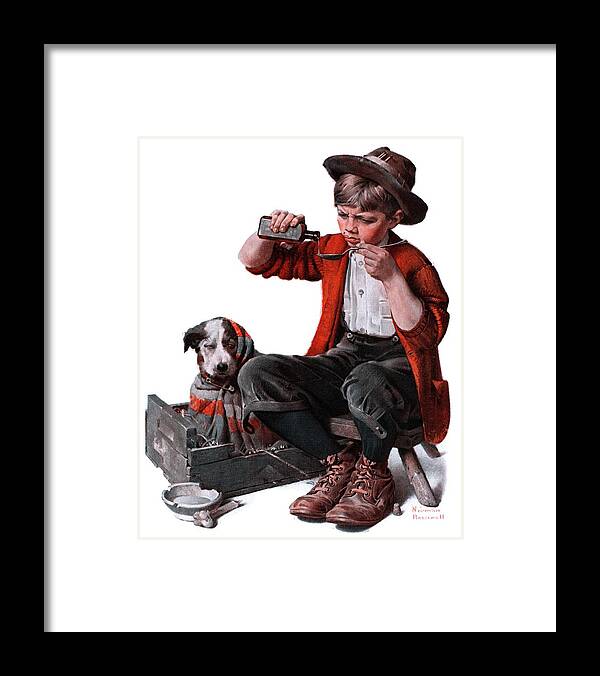 Boy Framed Print featuring the painting Sick Puppy by Norman Rockwell