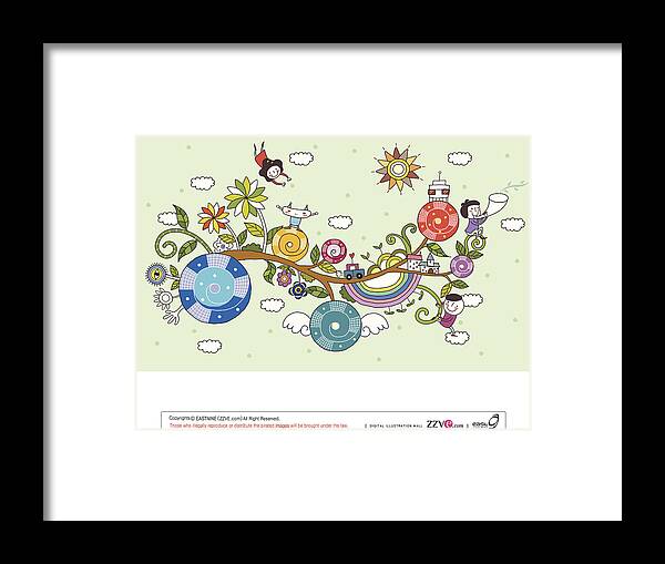 Child Framed Print featuring the digital art Side View Of Children Playing On Tree by Eastnine Inc.