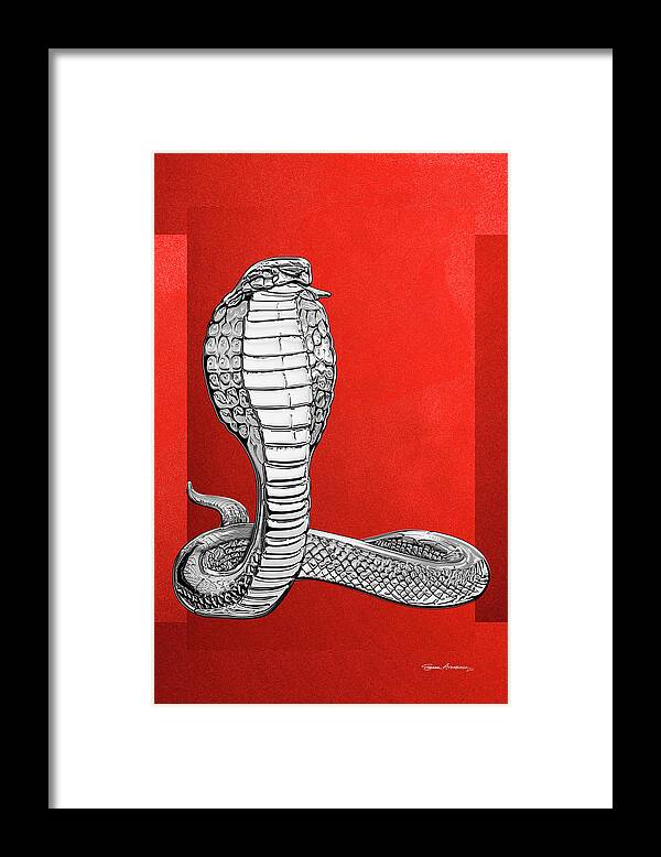 'beasts Creatures And Critters' Collection By Serge Averbukh Framed Print featuring the digital art Silver King Cobra on Red Canvas by Serge Averbukh