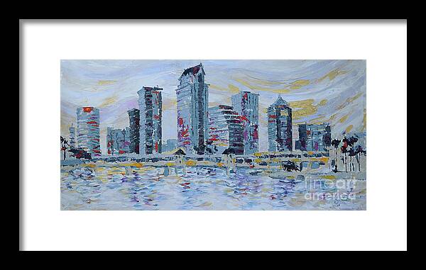 Tampa Skyline Framed Print featuring the painting Silvery Tampa Skyline by Jyotika Shroff