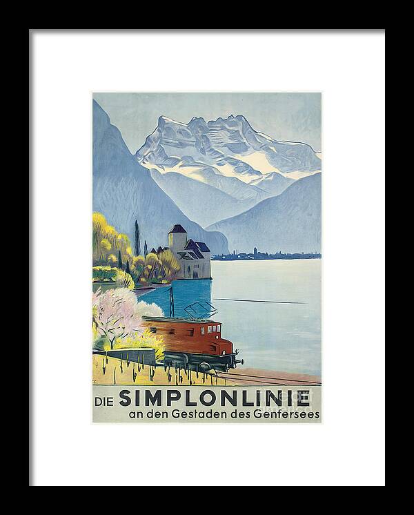 Weather Framed Print featuring the drawing Simplonlinie', Poster Advertising Rail Travel Around Lake Geneva by Emil Cardinaux