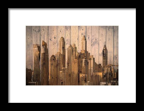 Dubai Framed Print featuring the mixed media Skyline of Dubai, UAE on Wood by Alex Mir