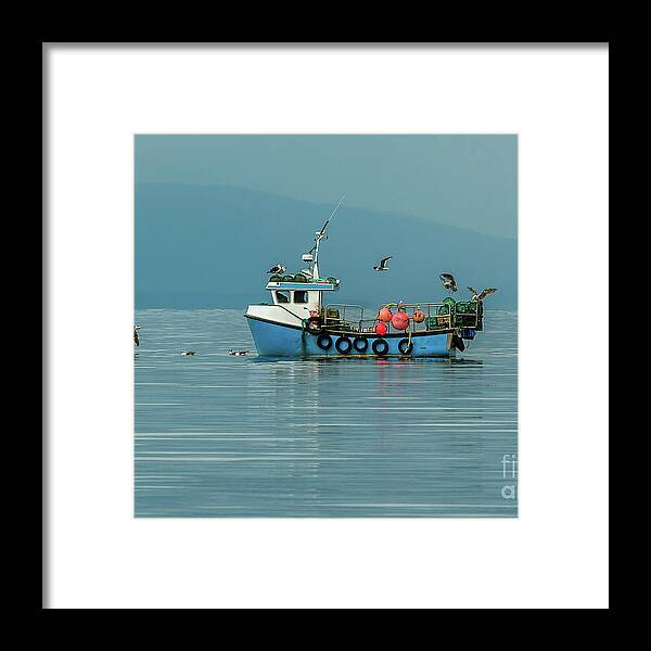 Animal Framed Print featuring the photograph Small Fishing Boat With Lobster Pods And Seagulls On Calm Atlantic In Front Of The Hebride Islands by Andreas Berthold