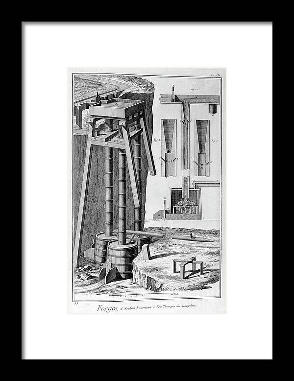 Engraving Framed Print featuring the drawing Smelting Iron Furnace, 1751-1777 by Print Collector