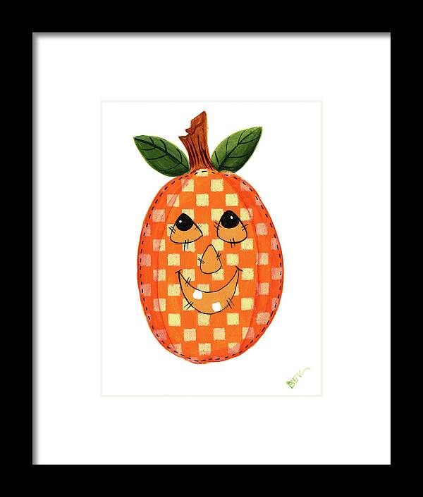 Pumpkin Framed Print featuring the painting Smiling Checked Pumpkin by Beverly Johnston