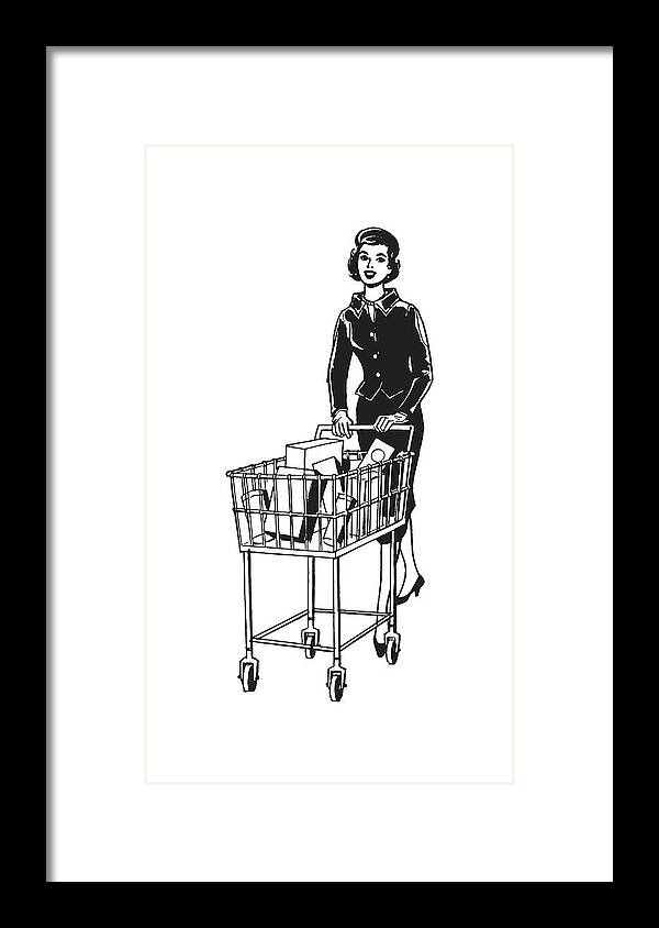 Archive Framed Print featuring the drawing Smiling woman with shopping cart by CSA Images