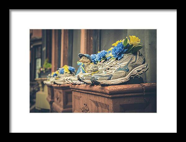 Sneakers With Flowers Framed Print featuring the photograph Sneakers With Flowers - Boston Marathon by Joann Vitali