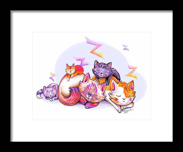 Nature Framed Print featuring the drawing Snoozing Cartoon Kitties by Sipporah Art and Illustration