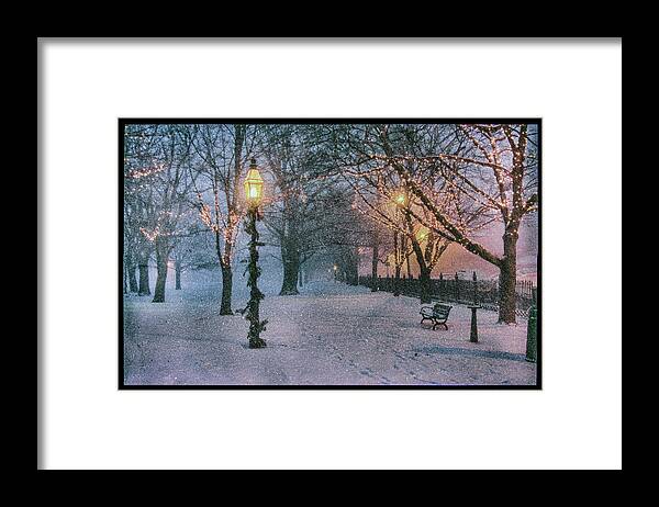 Salem Framed Print featuring the photograph Snow falling on Salem path by Jeff Folger