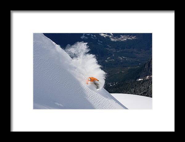 People Framed Print featuring the photograph Snowboard Slashes Powder by Russell Dalby Photography Www.russelldalby.com