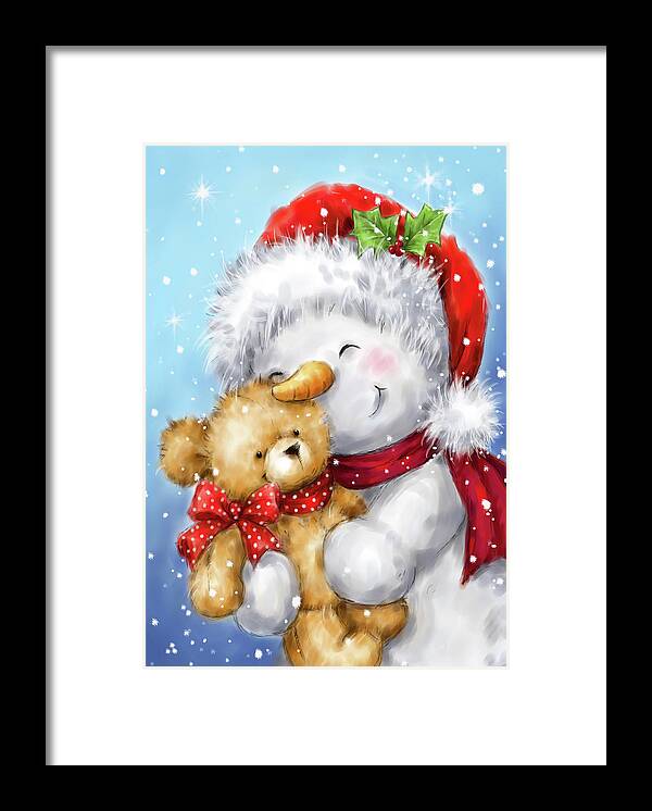 Snowman And Teddy Framed Print featuring the mixed media Snowman And Teddy by Makiko