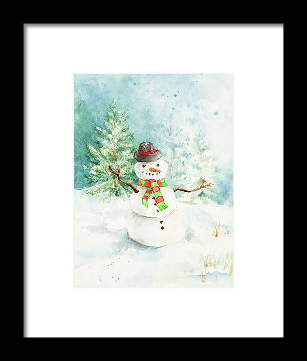 Snowman Framed Print featuring the mixed media Snowman In The Pines by Lanie Loreth