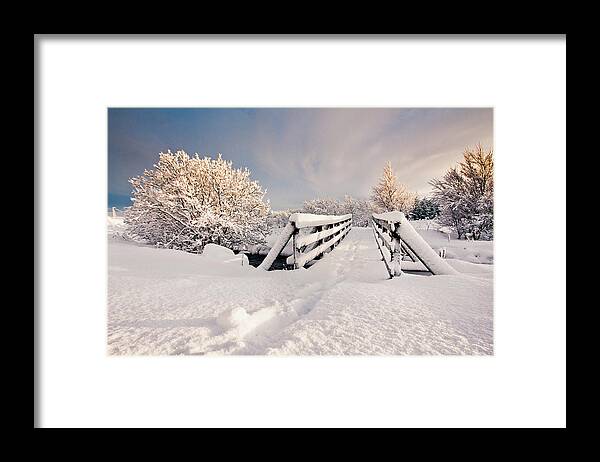 Scenics Framed Print featuring the photograph Snowy Bridge At Winter by Ingólfur Bjargmundsson