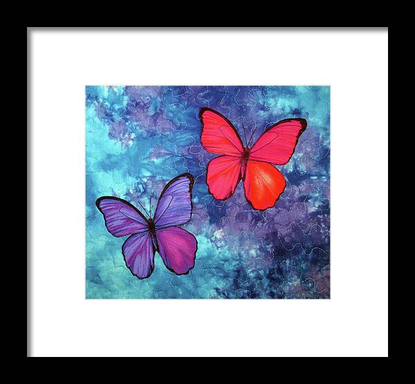 Art Quilt Framed Print featuring the tapestry - textile Social Butterflies by Pam Geisel