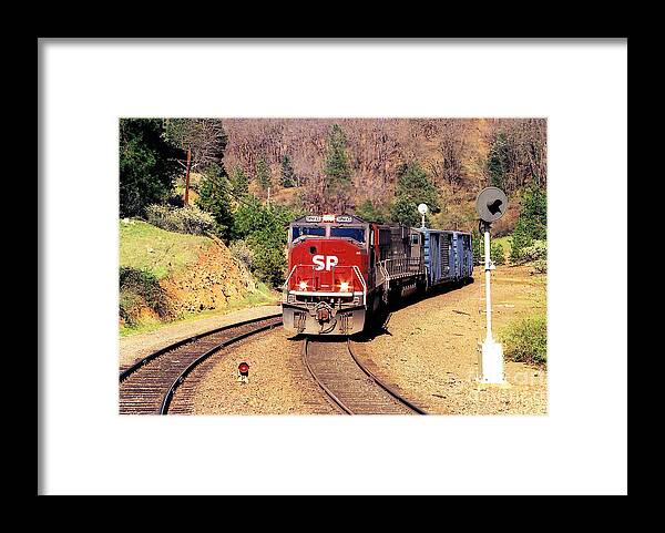 Train Framed Print featuring the photograph VINTAGE RAILROAD - Southern Pacific EMD SD-70M by John and Sheri Cockrell