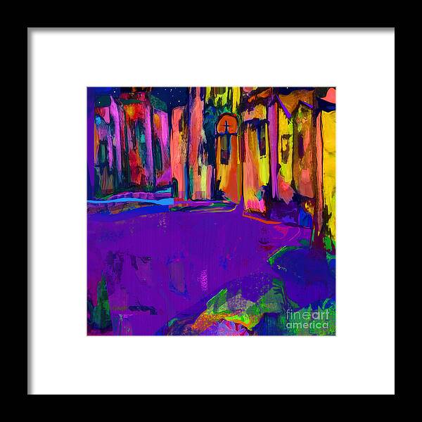 Square Framed Print featuring the mixed media Good Night Santa Fe in Lavender and Gold by Zsanan Studio