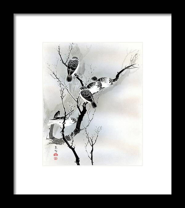 Sparrow Framed Print featuring the painting Sparrows by Puri-sen