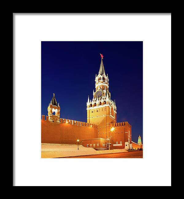 Clock Tower Framed Print featuring the photograph Spasskaya Tower Of Moscow Kremlin At by Mordolff