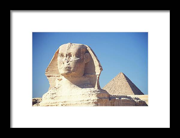 Statue Framed Print featuring the photograph Sphinx With Great Pyramid Giza Egypt by Peskymonkey