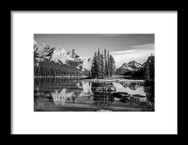 Jasper Framed Print featuring the photograph Spirit Island Maligne Lake Jasper National Park Alberta Canada Black and White by Toby McGuire