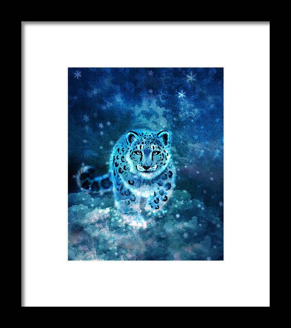 Snow Leopard Framed Print featuring the digital art Spirit Snow Leopard in Mystical Twilight Sky by Laura Ostrowski