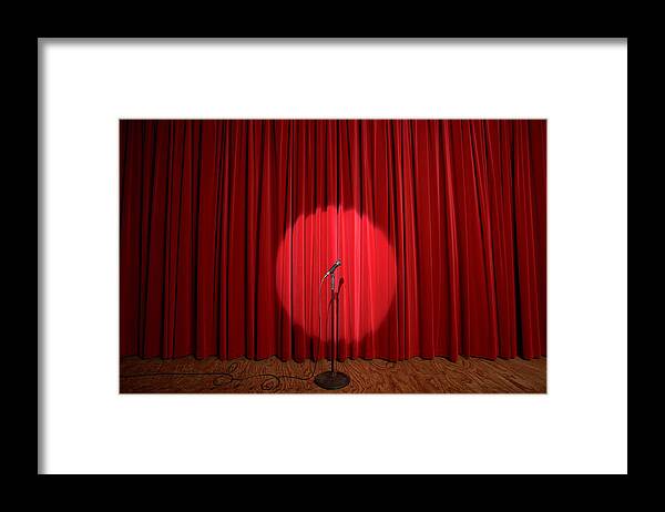 Microphone Stand Framed Print featuring the photograph Spotlight On Microphone Stand On Stage by Adam Taylor
