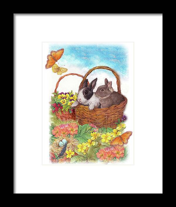Illustrated Spring Garden Framed Print featuring the painting Spring Garden with Bunnies, Butterfly by Judith Cheng