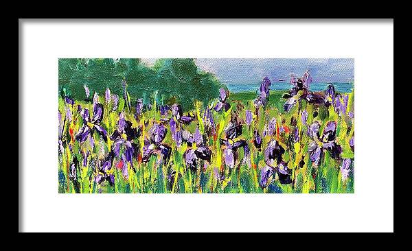 Purple Spring Irises Framed Print featuring the painting Spring Irises by Barbara Hageman