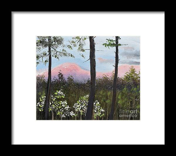 Spring Scene Framed Print featuring the painting Springtime at Pink Knob in Ellijay by Jan Dappen