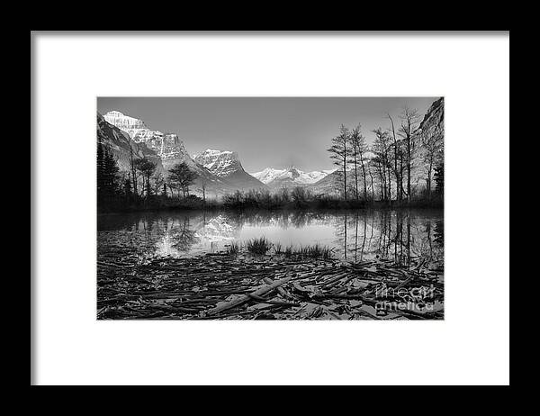 St Mary Framed Print featuring the photograph St. Mary Driftwood Pond Reflections Black And White by Adam Jewell