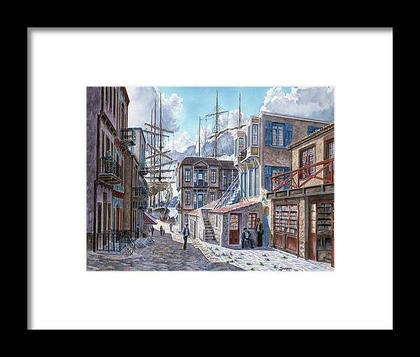 City Street With Wharf At The End Framed Print featuring the painting St. Of The Tall Ships by Stanton Manolakas