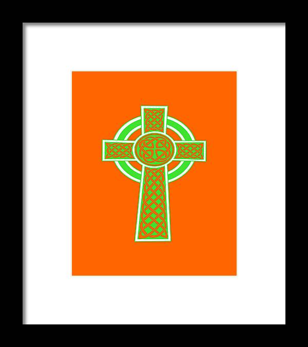 Celtic Cross Framed Print featuring the digital art St Patrick's Day Celtic Cross Green and White by Taiche Acrylic Art