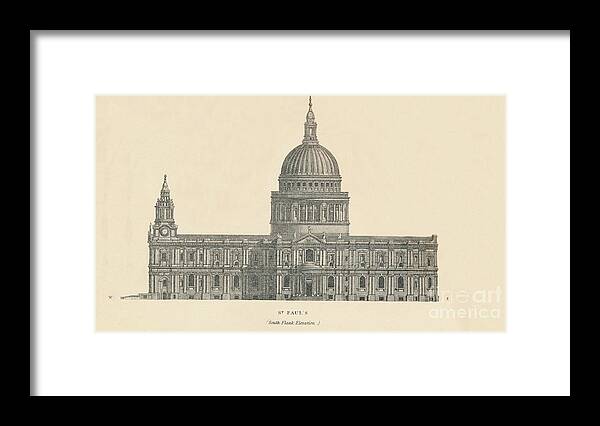 Engraving Framed Print featuring the drawing St Pauls - South Flank Elevation 1 by Print Collector