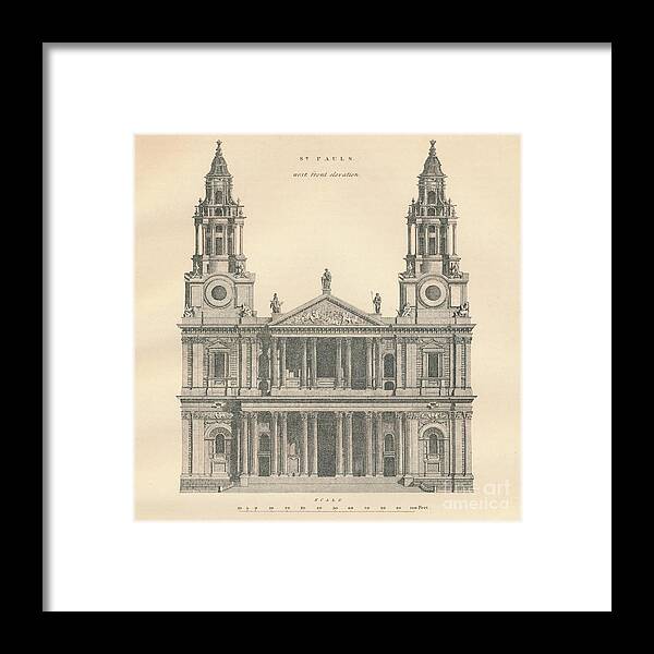 Engraving Framed Print featuring the drawing St Pauls - West Front Elevation 1 by Print Collector