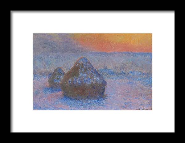 19th Century Art Framed Print featuring the painting Stacks of Wheat - Sunset, Snow Effect, 1891 by Claude Monet