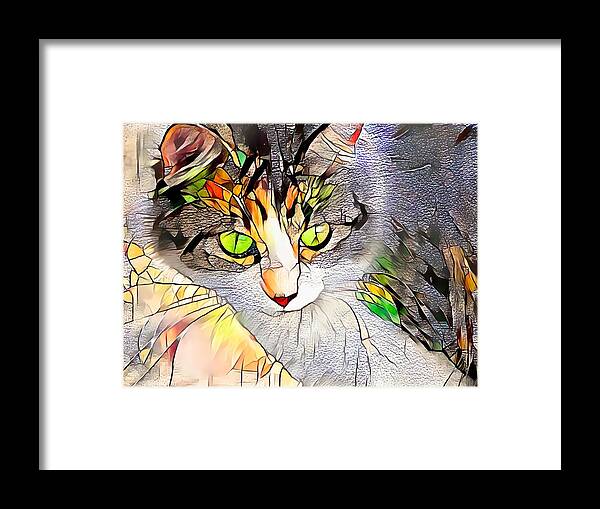 Glass Framed Print featuring the digital art Stained Glass Cat Stare by Don Northup