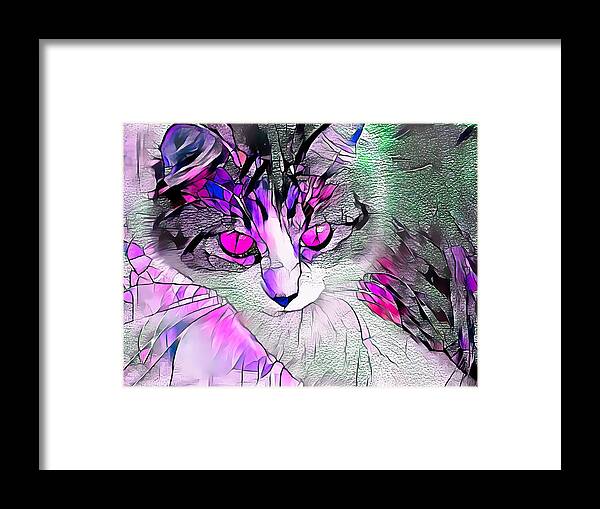 Glass Framed Print featuring the digital art Stained Glass Cat Stare Pink Eyes by Don Northup