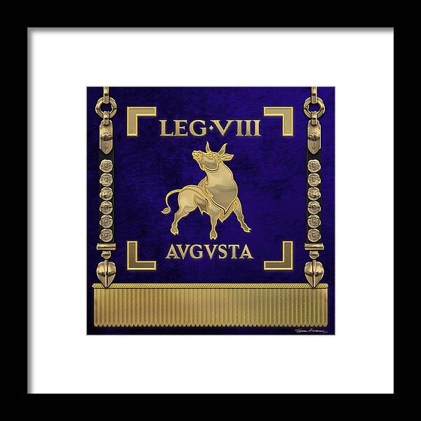 ‘rome’ Collection By Serge Averbukh Framed Print featuring the digital art Standard of the Augustus' Eighth Legion - Blue Vexillum of Legio VIII Augusta by Serge Averbukh