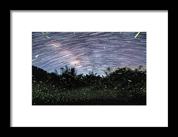 Horizontal Framed Print featuring the photograph Star And Firefly Trails At Fujian Tulou by Jeff Dai