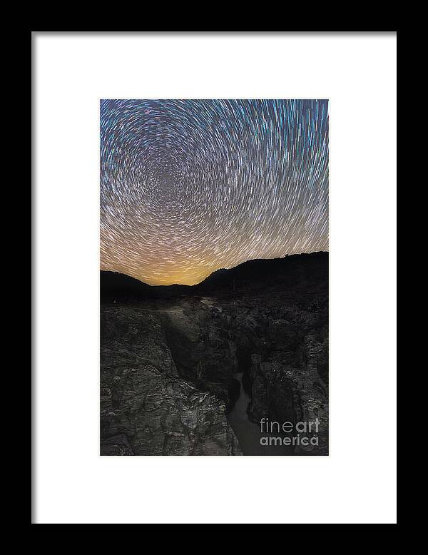 Star Trail Framed Print featuring the photograph Star Trails Over River Gorge by Miguel Claro/science Photo Library