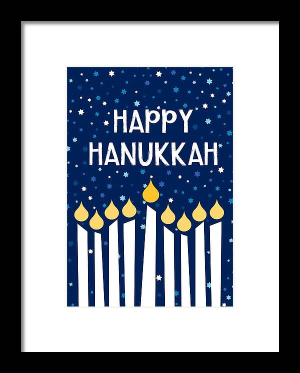 Hanukkah Framed Print featuring the mixed media Starry Night Hanukkah Menorah- Art by Linda Woods by Linda Woods