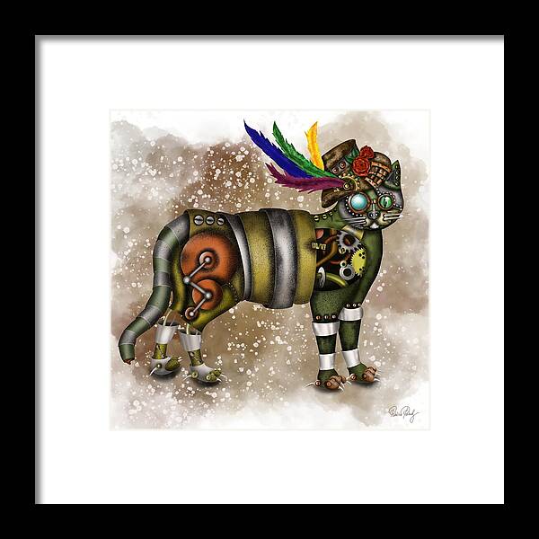 Steampunk Framed Print featuring the painting Steampunk cat with hat by Patricia Piotrak