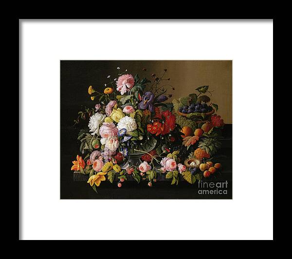 Oil Painting Framed Print featuring the drawing Still Life Flowers And Fruit by Heritage Images