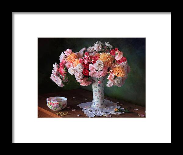 Still Framed Print featuring the photograph Still Life With A Bouquet Of Garden Roses by Tatyana Skorokhod (??????? ????????)