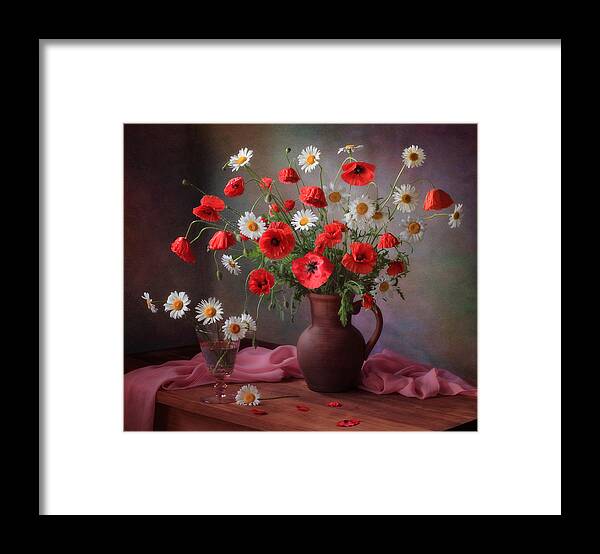 Daisy Framed Print featuring the photograph Still Life With A Bouquet Of Poppies And Chamomile by ??????? ????????