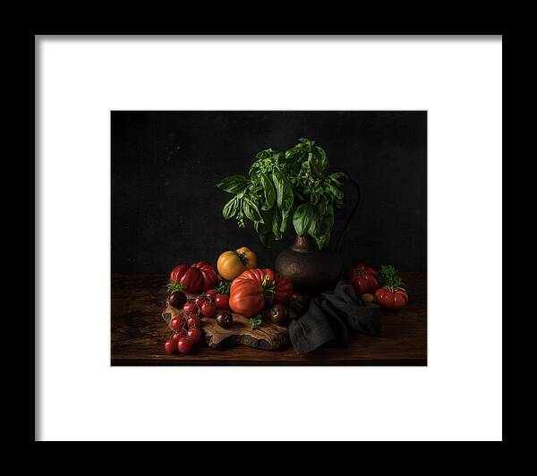 Still Life Framed Print featuring the photograph Still Life With Tomatoes And Basil by Diana Popescu