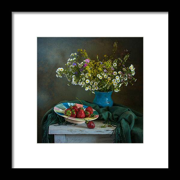 Still Life Framed Print featuring the photograph Still Life With Wildflowers And Strawberries. by Mykhailo Sherman