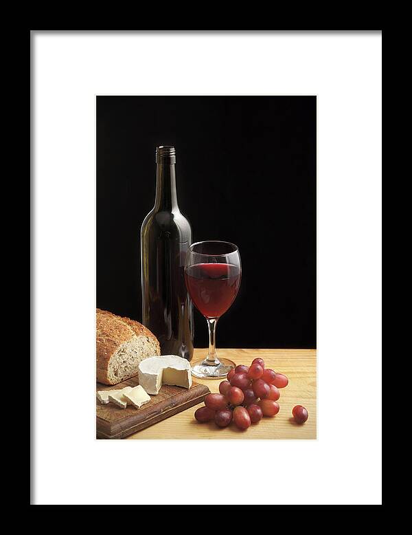 Cheese Framed Print featuring the photograph Still Life With Wine Cheese And Grapes by Oliverchilds