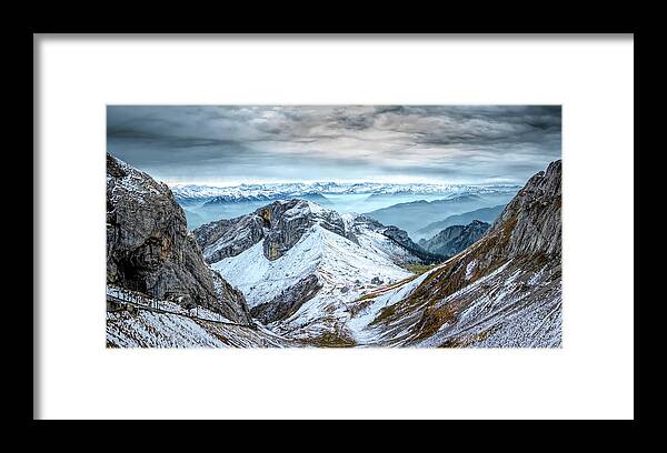 Mountains Framed Print featuring the photograph Stormy Mountains Panorama, Mount Pilatus, Switzerland by Rick Deacon